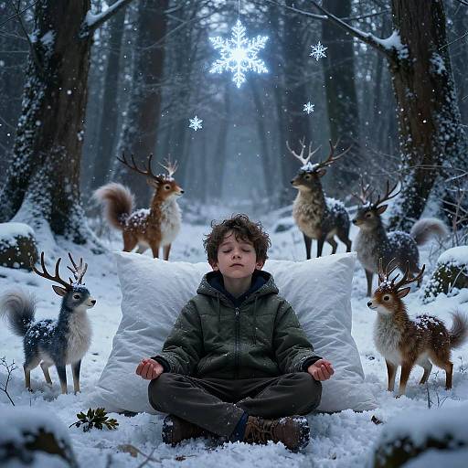 Young Boy Meditating in Enchanted Snowy Forest