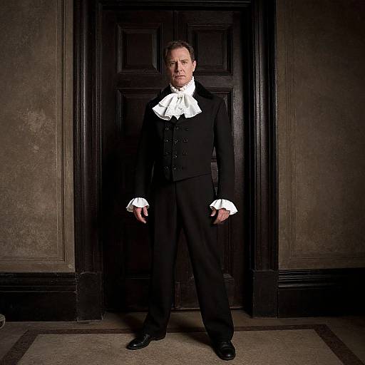 Photograph of a stern-looking middle-aged man in a black Victorian-style suit with a white ruffled shirt, standing in front of a dark wooden door