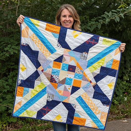 Smiling Woman with Vibrant Rag Quilt