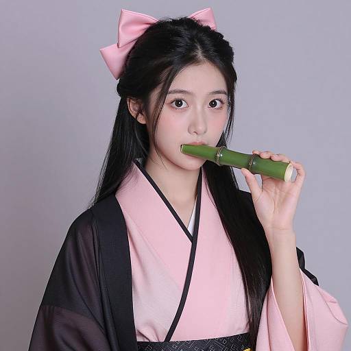 East Asian Woman in Pink Kimono with Bamboo Pipe
