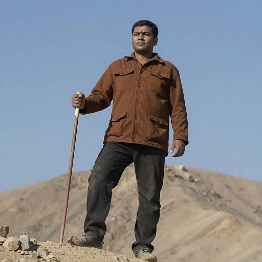 Intense Man on Rocky Hill with Staff