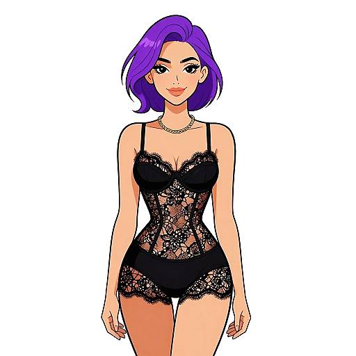 Digital illustration of a confident woman with purple hair, wearing a black lace lingerie bodysuit, standing against a white background.