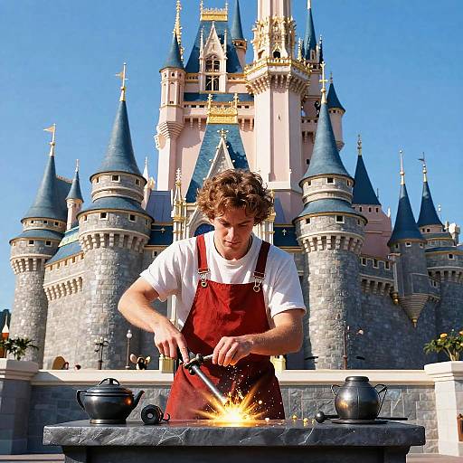 Photograph of a curly-haired man in a red apron, sparking a blade on a blacksmithing anvil, with Disney's Cinderella Castle
