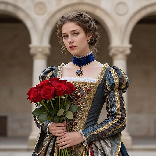 Photorealistic image of a young woman with fair skin and brown hair, wearing an elaborate Renaissance-style dress, holding a bouquet of red roses, standing