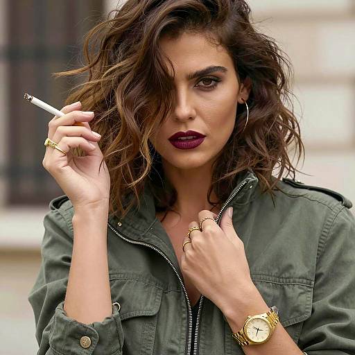 Woman with Wavy Hair and Cigarette in Green Jacket