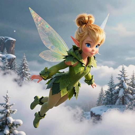 Tinker Bell Fairy Flying in Winter Forest