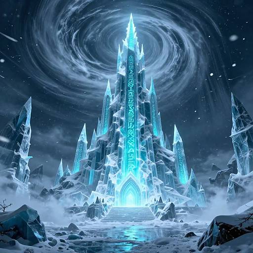 Digital fantasy artwork of a glowing, crystalline spire with intricate blue runes, surrounded by swirling clouds and icy rocks.