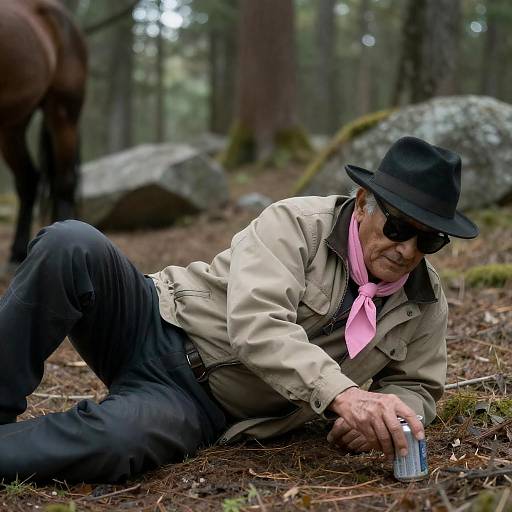 Elderly Man in Forest with Horse