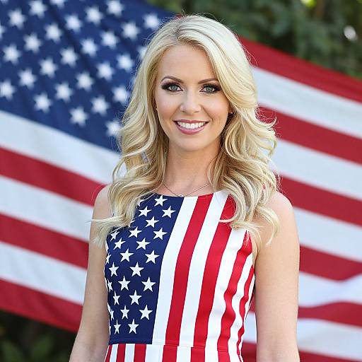 Photograph of a smiling blonde woman with wavy hair, wearing a sleeveless dress with an American flag pattern, standing in front of a large,