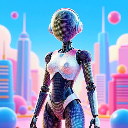 CGI image of a futuristic, black and white female robot with a dome head, standing in a vibrant, neon cityscape.