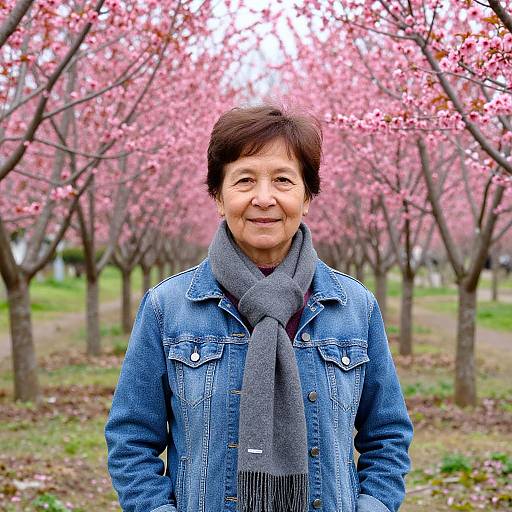 Smiling Senior Woman in Cherry Blossoms