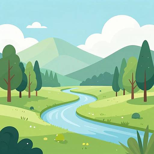Digital illustration of a vibrant, sunny meadow with a winding blue river, green hills, tall trees, and white clouds.