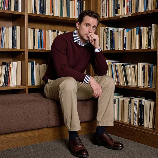 Photograph of a thoughtful man with short dark hair, wearing a brown sweater, beige pants, and brown shoes, sitting in a library, surrounded by