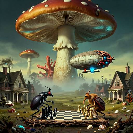 Fantastical digital artwork: giant mushrooms, insect and squirrel chess players, gothic houses, glowing airship, surreal forest, oversized mushroom caps,