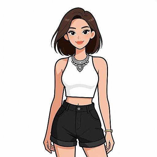 Digital anime-style drawing of a smiling woman with brown hair, wearing a white crop top, black high-waisted shorts, necklace, and bracelet.