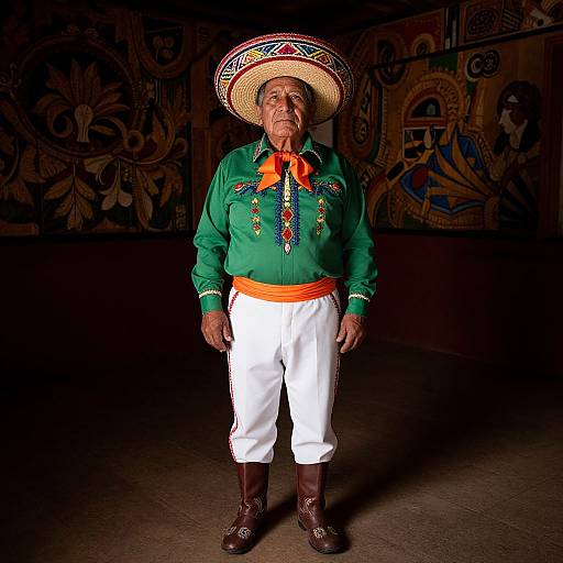 Photograph of an elderly Indigenous Mexican man in vibrant green shirt, white pants, orange belt, brown boots, and colorful sombrero, standing in dim
