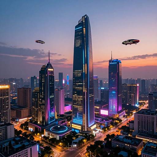 Photograph of a futuristic cityscape at dusk, featuring towering illuminated skyscrapers, neon lights, flying saucer-like drones, and busy streets.