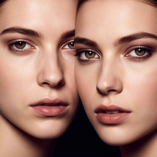 Close-up photograph of two identical women with fair skin, brown eyes, and slightly parted lips, their faces nearly touching, creating a symmetrical and intense