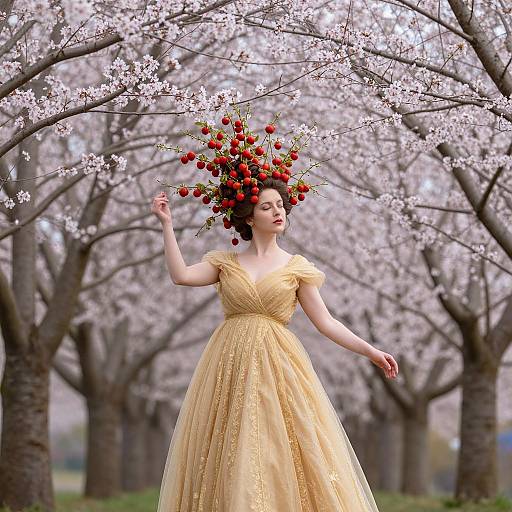 Photograph of a fair-skinned woman in a yellow, flower-embellished gown, wearing a vibrant red cherry blossom crown, dancing under blo