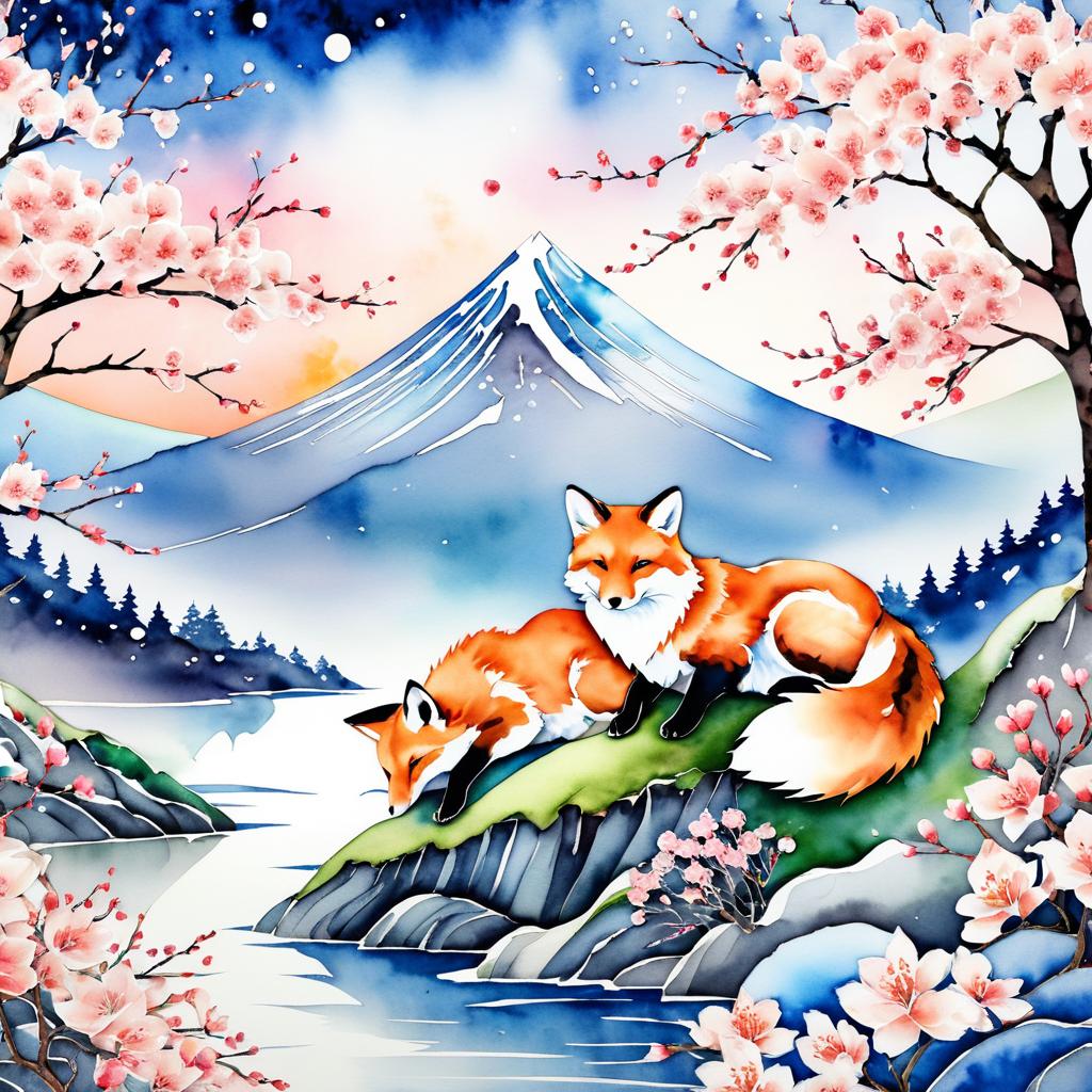 Serene Mountain Artwork with Playful Fox