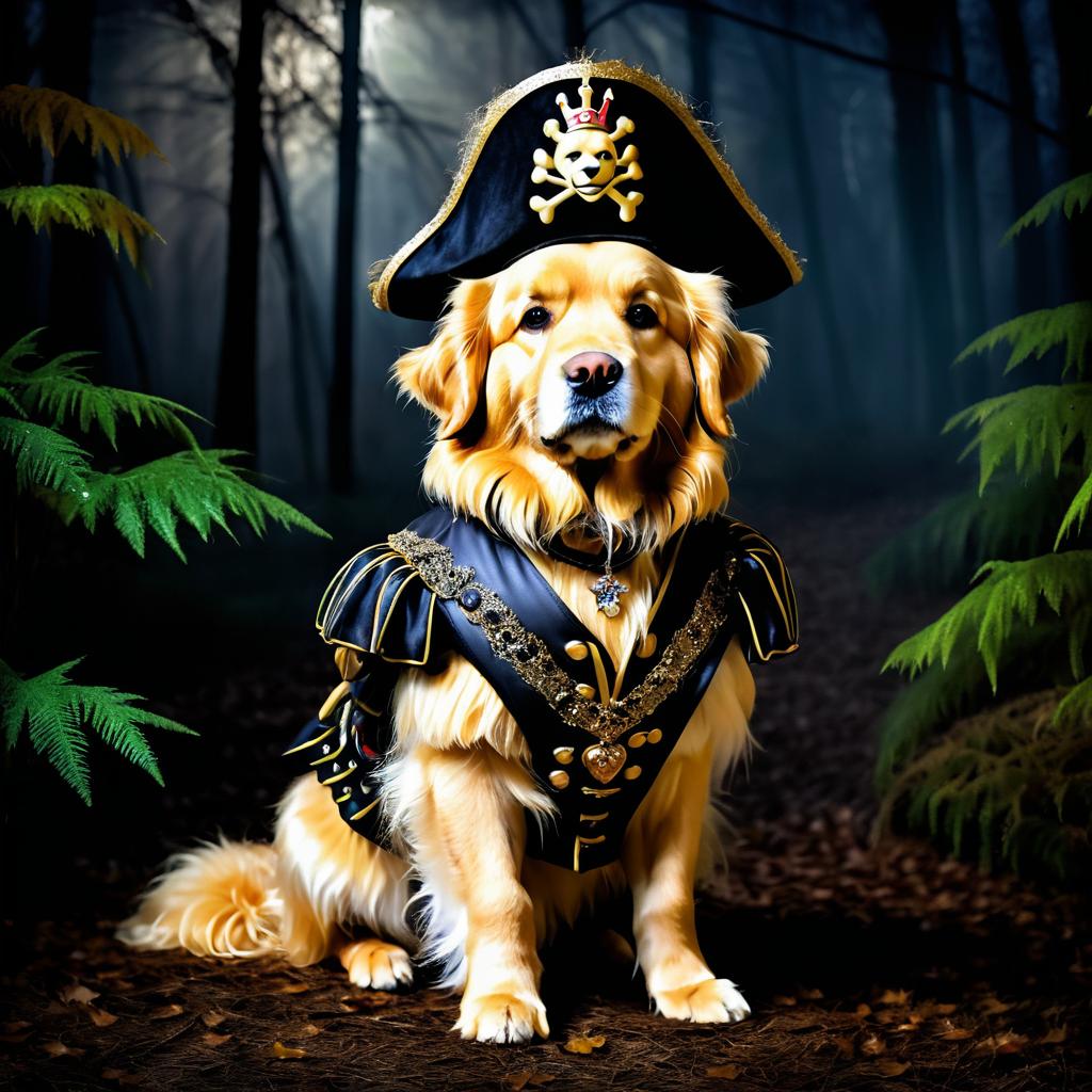 Fluffy Golden Retriever Pirate in Forest