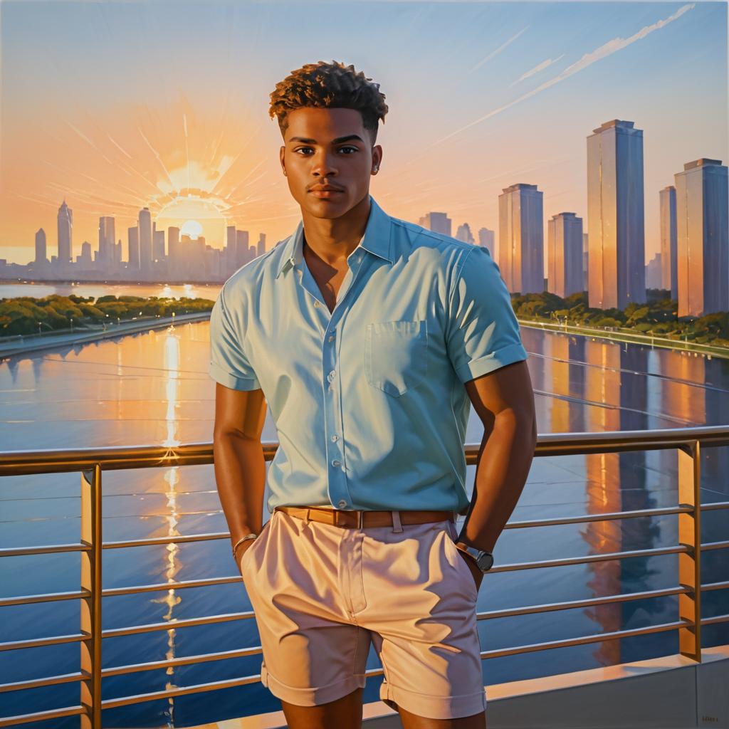 Young Man at City Skyline Sunset