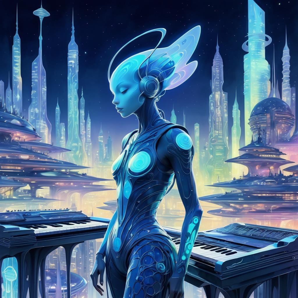 Luminous Alien Musician in Futuristic City