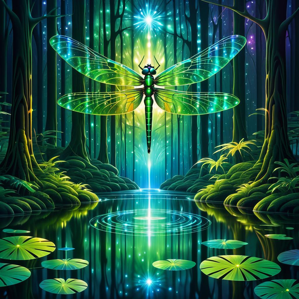 Symmetrical Forest with Radiant Dragonfly