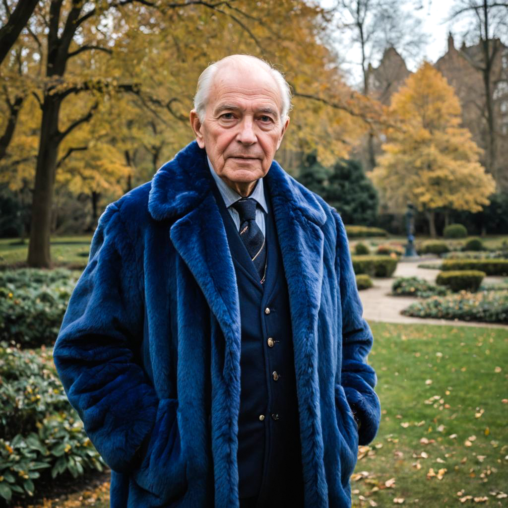 Elderly Gentleman in Blue Faux Fur Coat