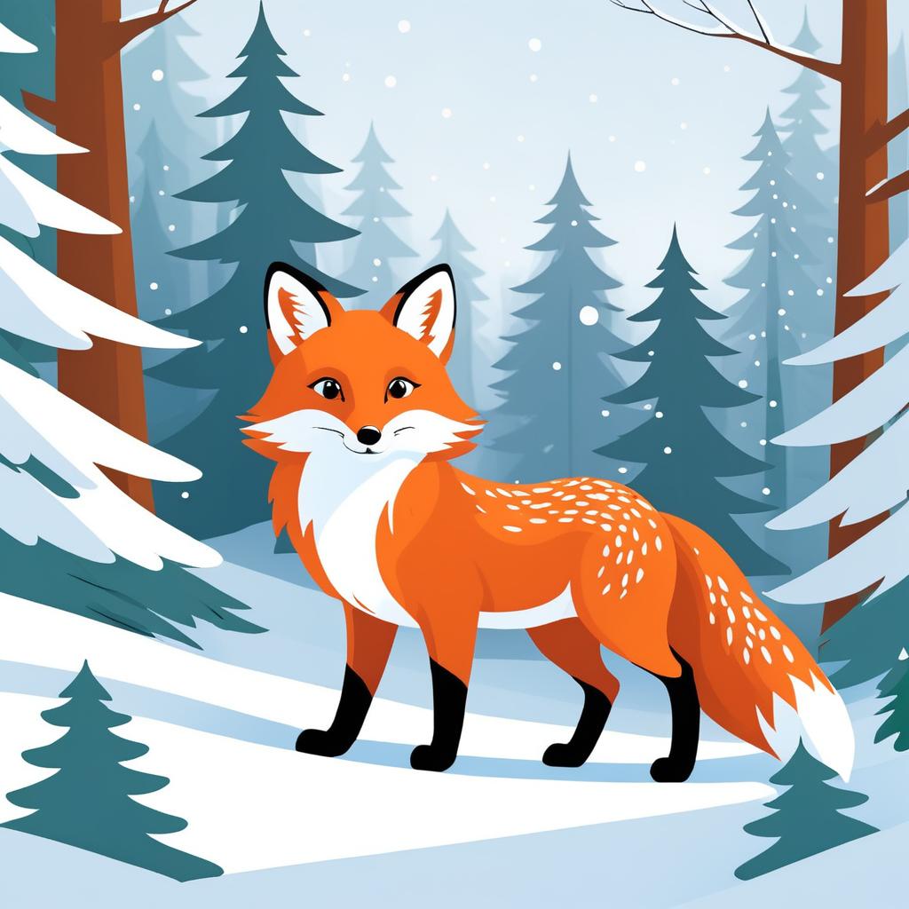 Fox in a Snowy Forest Cartoon Illustration