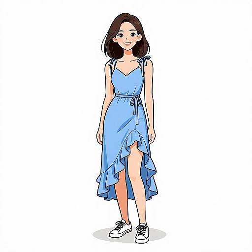 Digital illustration of a smiling Asian woman with shoulder-length black hair, wearing a light blue, sleeveless, asymmetrical dress and white sneakers, standing against