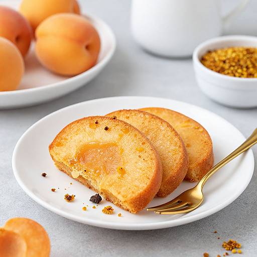 Photograph of golden-brown, sugared peach cakes on a white plate with a gold fork, next to a bowl of spice powder and a bowl