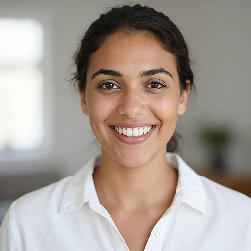 Photograph of a smiling young woman with medium brown skin, dark hair in a ponytail, wearing a white button-up shirt, in a bright,