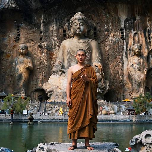 Photograph of a young male Buddhist monk in brown robes standing in front of a massive, ancient stone Buddha statue with smaller statues, and a calm water