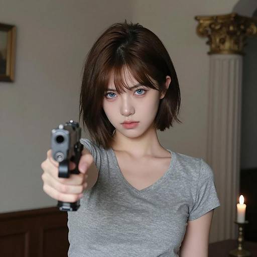 Serious Young Woman Aiming in Shadows