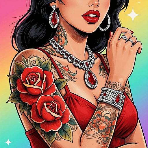 Tattooed woman in red dress, large hoop earrings, diamond necklace and rings, red roses on arm, vibrant rainbow background. Digital art.