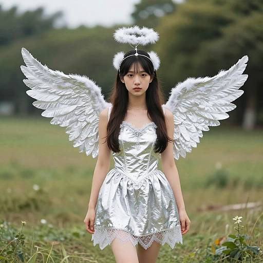 Girl in Silver Angel Costume with Wings