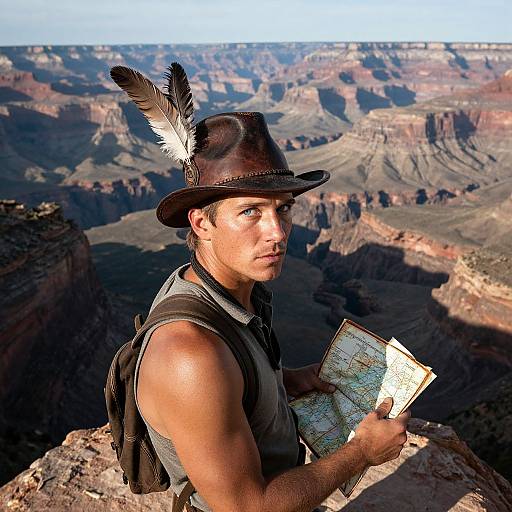 Photograph of a muscular man with blue eyes, wearing a brown hat with a feather, gray sleeveless shirt, and backpack, holding a map,