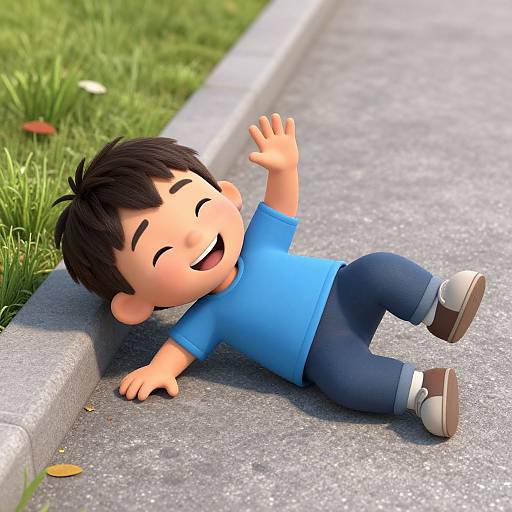 3D cartoon boy with black hair, blue shirt, and dark pants, lying on sidewalk, smiling, waving, and laughing joyfully.