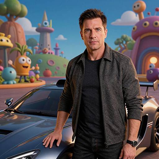 Confident Man with Futuristic Cartoon Car