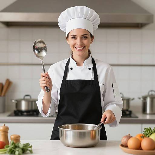 Smiling female chef in white hat and black apron, holding spoon over stainless steel pot, modern kitchen background, vegetables on counter.