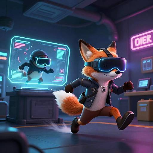 CGI image of a fox in a virtual reality headset, running in a neon-lit cyberpunk room, with a holographic rabbit in the background
