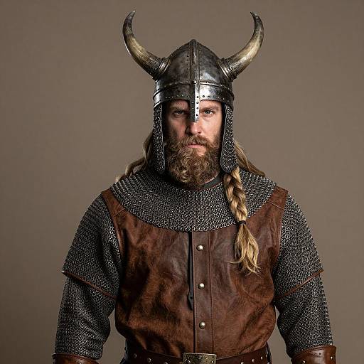 Viking Warrior in Horned Helmet and Chainmail Armor
