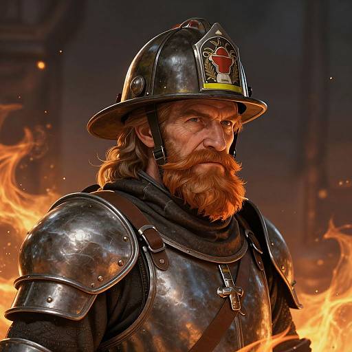 Photorealistic digital painting of a bearded, determined knight in shiny medieval armor with a red emblem, standing amidst fiery flames.