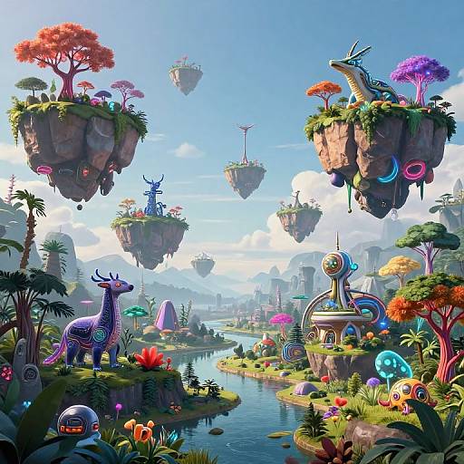 Vibrant, whimsical digital artwork of a fantasy landscape with floating islands, colorful creatures, and surreal flora, featuring a winding river and bright,
