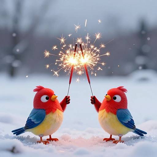 Two colorful cartoon birds with red heads, yellow bellies, and blue wings hold sparklers, lighting up a snowy landscape. Photograph.