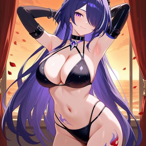 Anime Girl in Black Bikini at Sunset