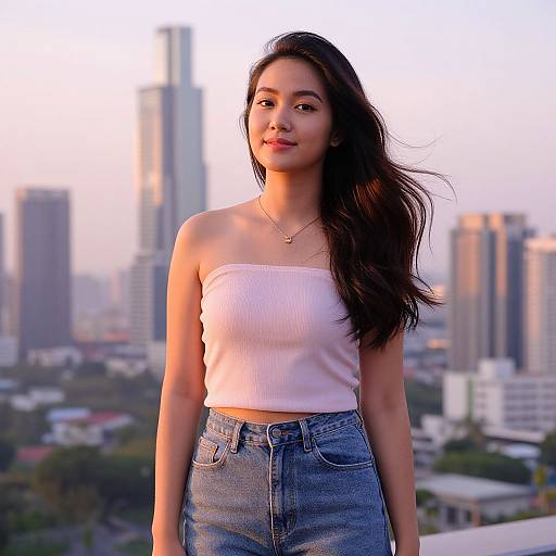 Photograph of a young Asian woman with long black hair, wearing a white strapless top and high-waisted blue jeans, standing against a blurred