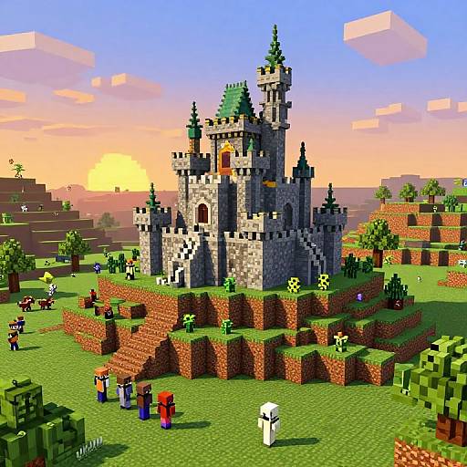 Pixel art of a medieval castle with multiple towers, surrounded by green grass, brick paths, trees, and colorful characters at sunset.