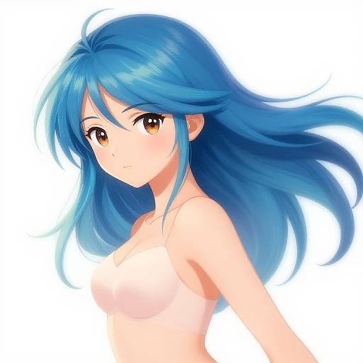 Anime-style digital drawing of a topless girl with long blue hair, brown eyes, and a neutral expression, against a white background.
